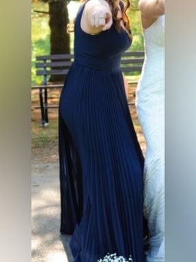 Navy Pleated Sleeveless Maxi Dress with V-Neck and Thigh Slit